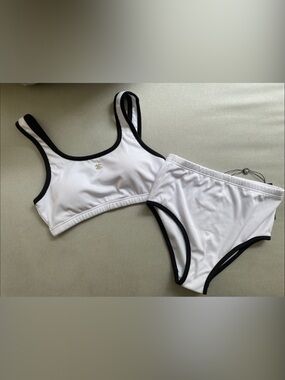 CHANEL White Bikini with Black Trim and Gold Logo